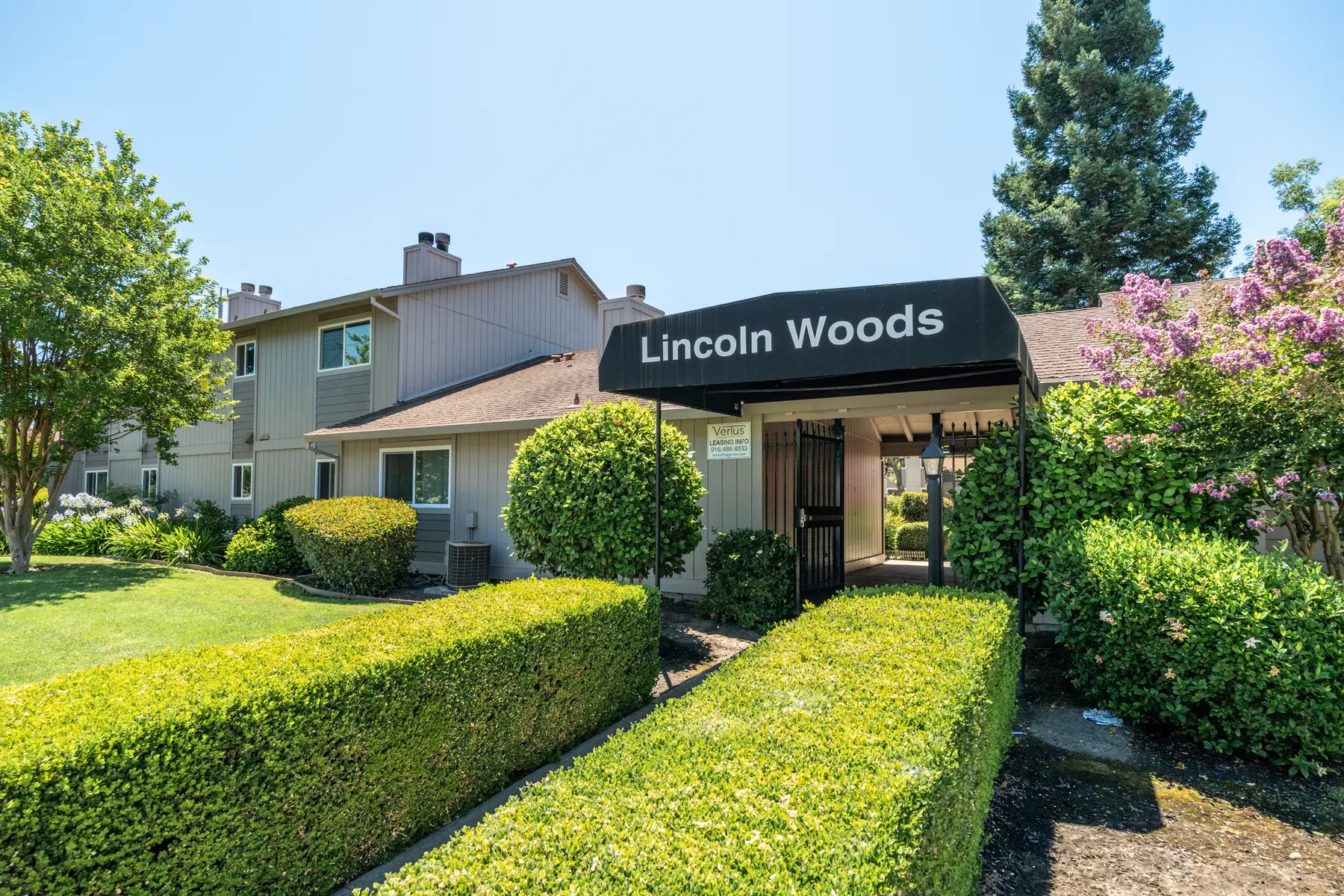 Entrance to Lincoln Woods with greenery and apartments in the background