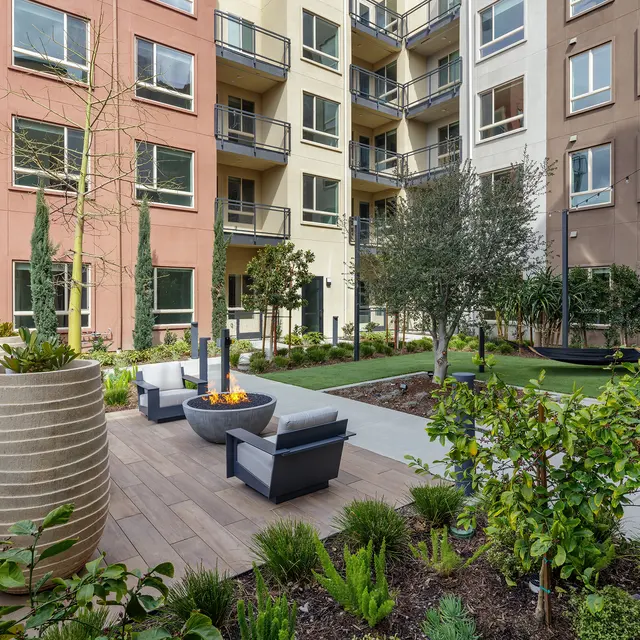 A landscaped courtyard featuring modern seating and greenery in an apartment complex.