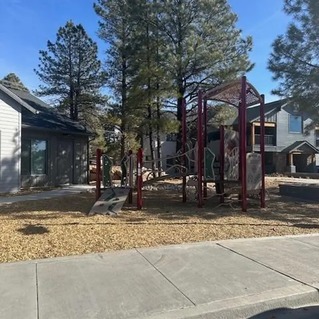 Playground Surrounded by Nature A playground with climbing structures surrounded by tall pine trees and residential buildings in the background.