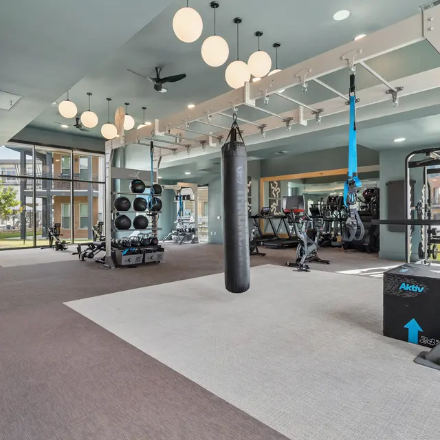 Modern Fitness Center A spacious gym area with exercise equipment, including weights and a punching bag, large windows allowing natural light, and modern lighting fixtures.