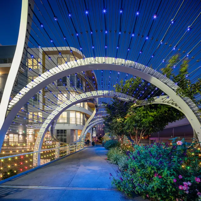 Illuminated Walkway at Dusk A modern walkway with arching structures adorned with blue lights, surrounded by greenery and buildings in the evening twilight.