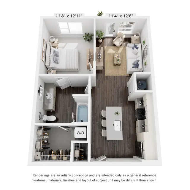 A 2D floor plan of an apartment with labeled dimensions for each room. It features a bedroom, bathroom, living area, and kitchen/dining space. The bedroom and living area contain furniture arrangements, while the bathroom is depicted with a toilet and shower. The floor plan emphasizes layout and dimensions.