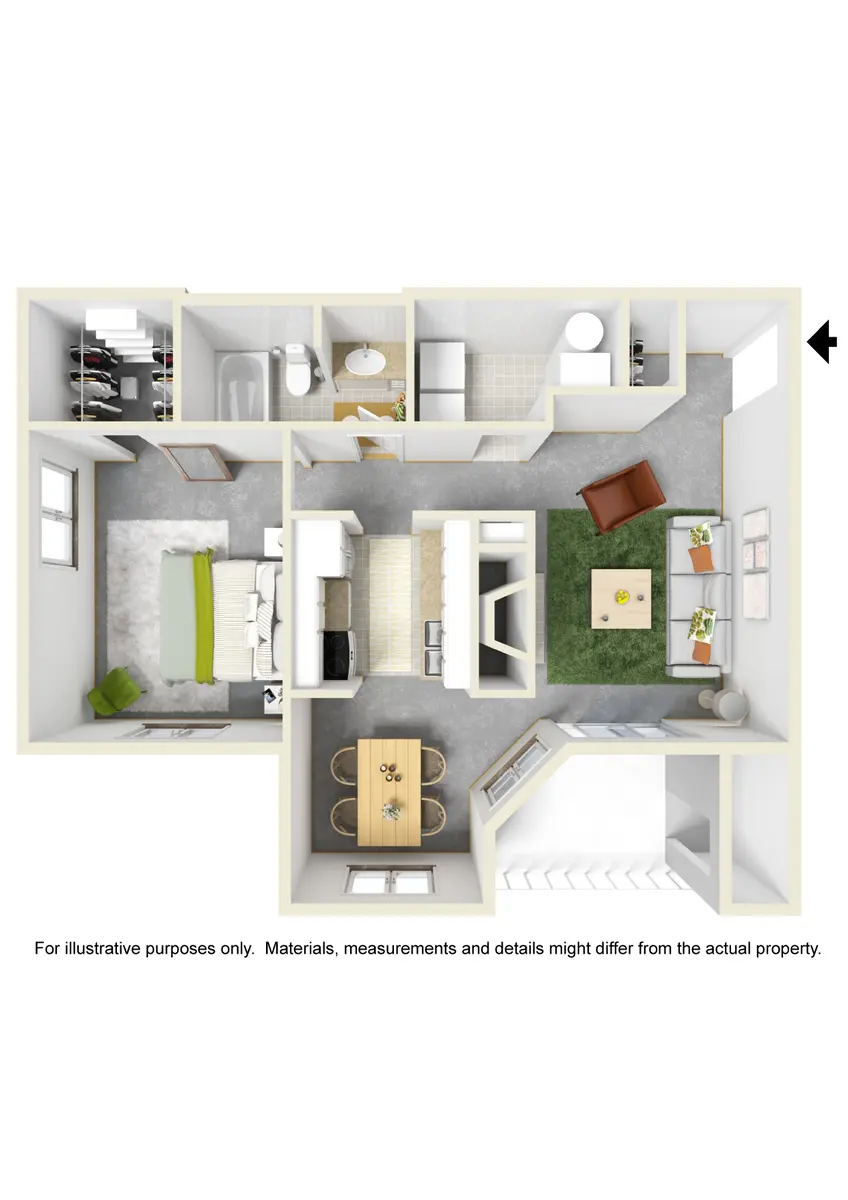 A 3D floor plan of a house with two bedrooms, a bathroom, kitchen, dining area, living room, and a closet.