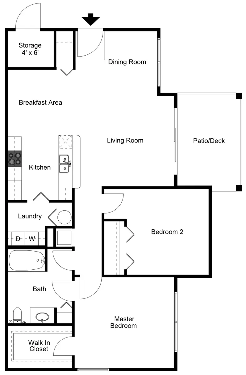 A simple floor plan of a house layout featuring rooms such as a dining room, living room, kitchen, and bedrooms with labeled areas.