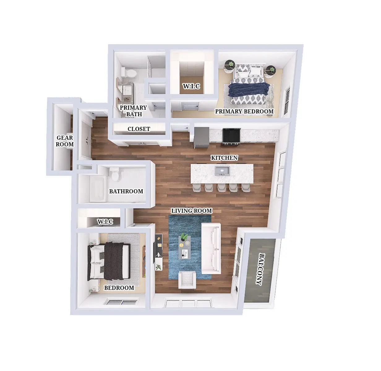 Apartment Floor Plan Layout A floor plan of an apartment layout featuring two bedrooms, a primary bedroom with an attached bath, a living room, kitchen, and a balcony. Additional spaces include a gear room and multiple bathrooms.