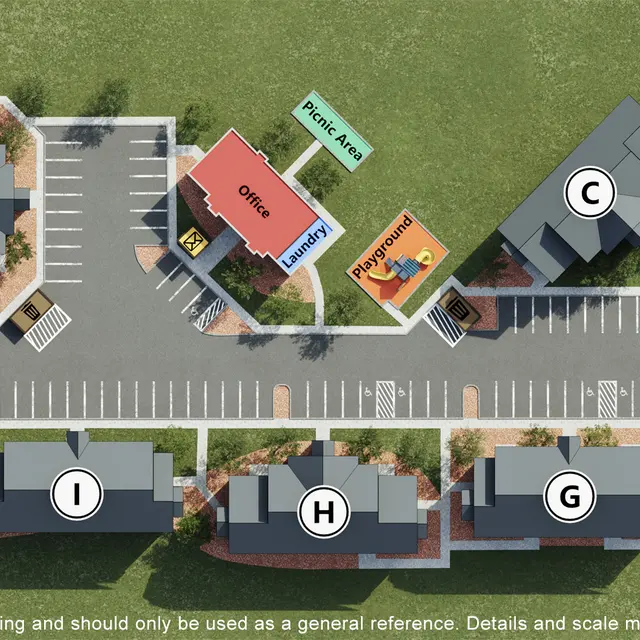 Site map rendering of Courtyards at Sheridan Apartments in Sheridan, WY showing labeled buildings (A-J), an office, a laundry facility, a playground, a picnic area, and a basketball court. The map provides a clear layout of parking areas, pathways, and recreational spaces within the complex along South Sheridan Avenue.