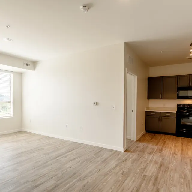 Interior of a modern apartment featuring a living area with large windows and hardwood floors, complemented by a kitchen with dark cabinetry and appliances.