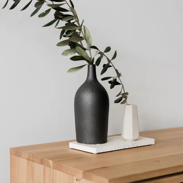 A decorative black vase with a long green branch, positioned on a light wooden surface.
