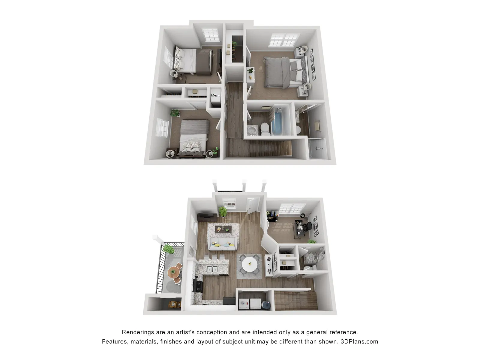 A detailed 3D rendering of a two-level apartment floor plan featuring living area, kitchen, bedrooms, and bathrooms. The layout showcases rooms placed strategically across both levels.