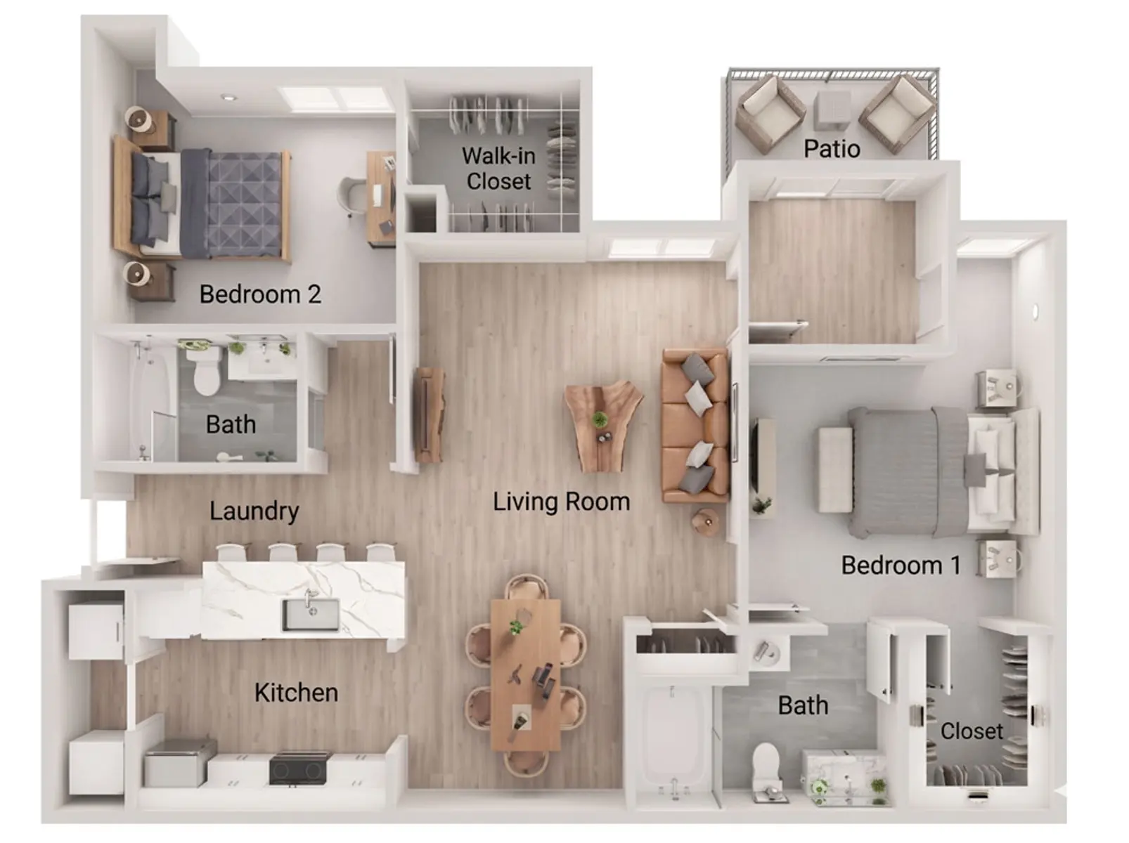 A floor plan of a modern apartment featuring two bedrooms, a kitchen, living room, two bathrooms, a laundry area, and a patio. Each room is labeled clearly, showcasing the layout and flow of the space.