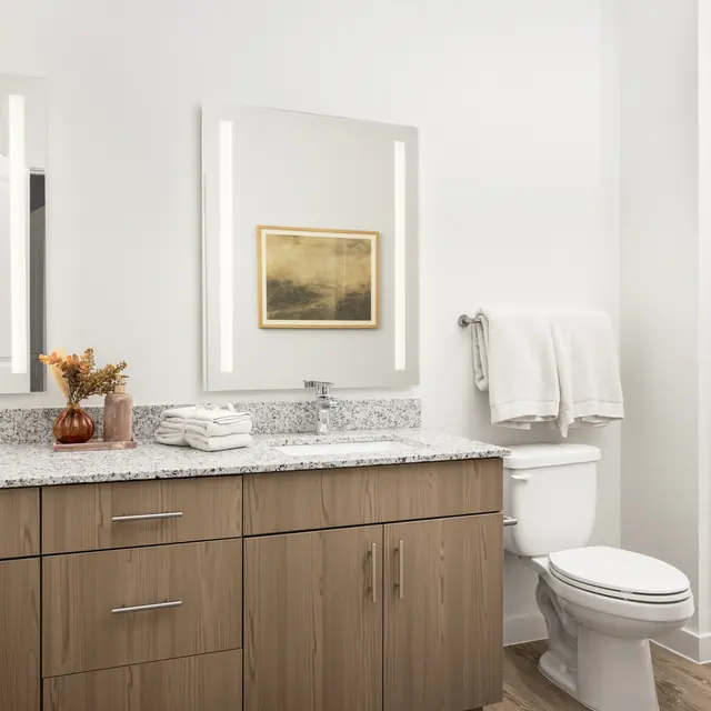 A modern bathroom featuring a dual vanity with wooden storage cabinets, a granite countertop, two mirrors with backlighting, a white toilet, and a walk-in shower with clear glass doors.