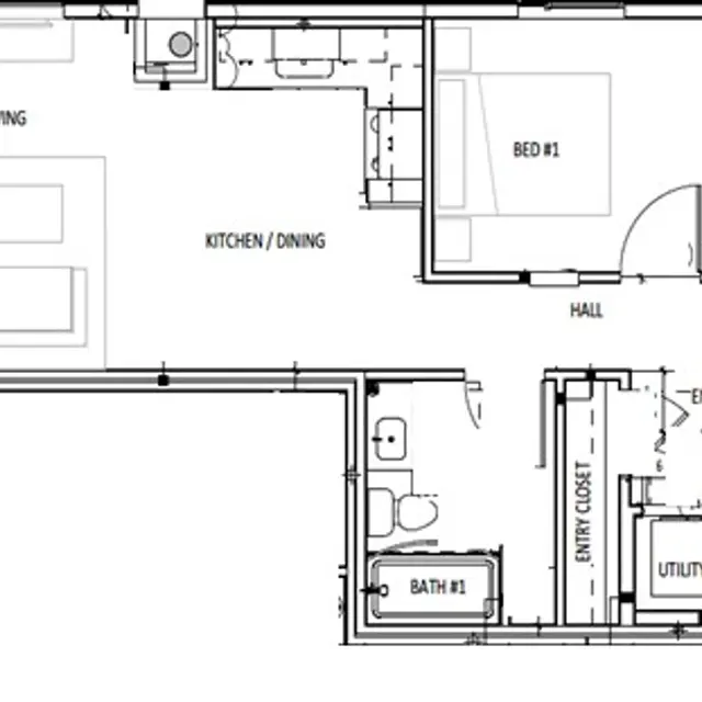 Small Apartment Floor Plan A black and white floor plan of a small apartment layout, featuring a living area, kitchen/dining space, one bedroom, an entry hall, a bathroom, and utility room.