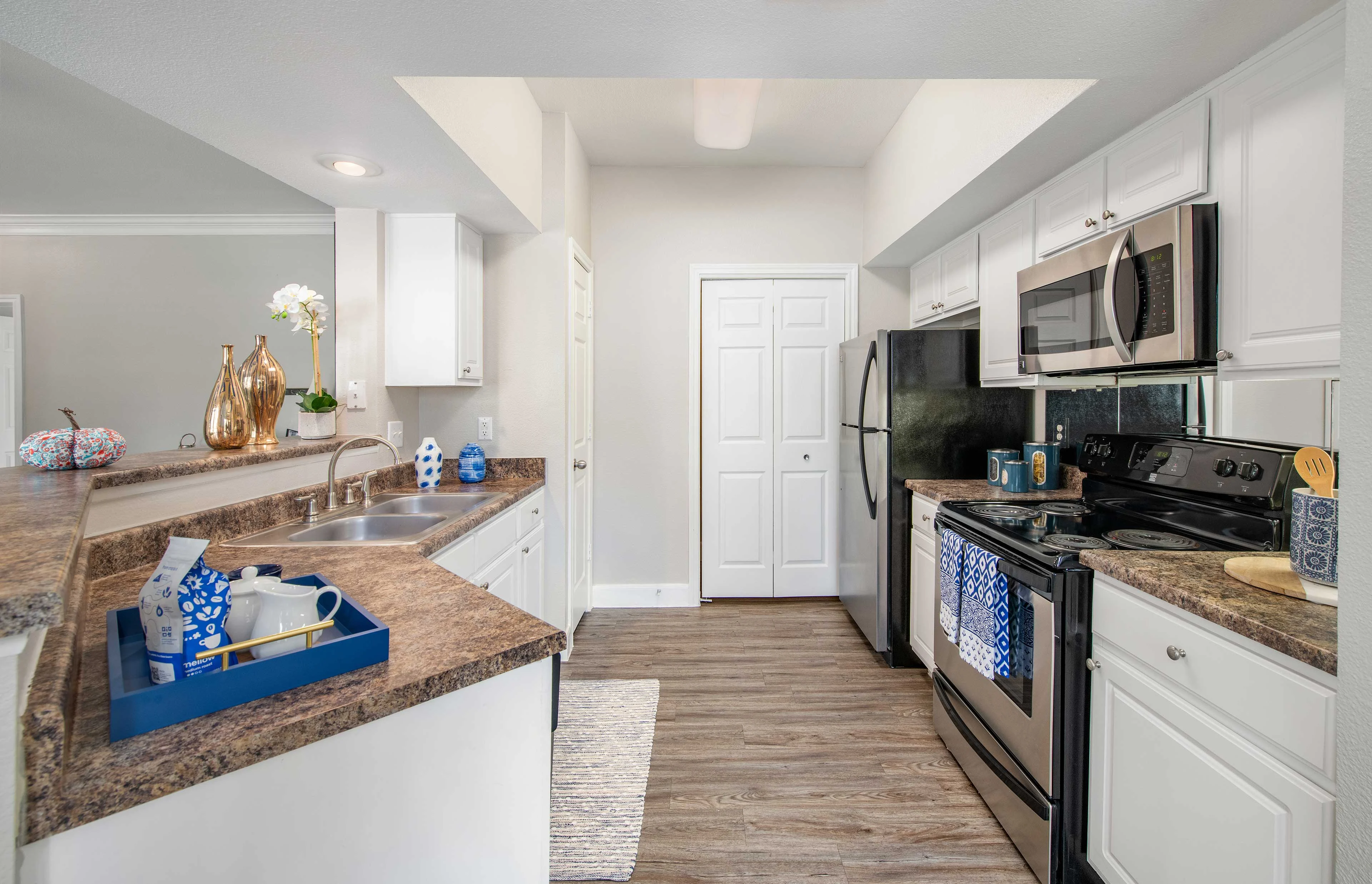 Stylish Modern Kitchen A modern kitchen featuring granite countertops, stainless steel appliances, and white cabinetry. Decorative items are placed on the counter, and a door leads to another room.