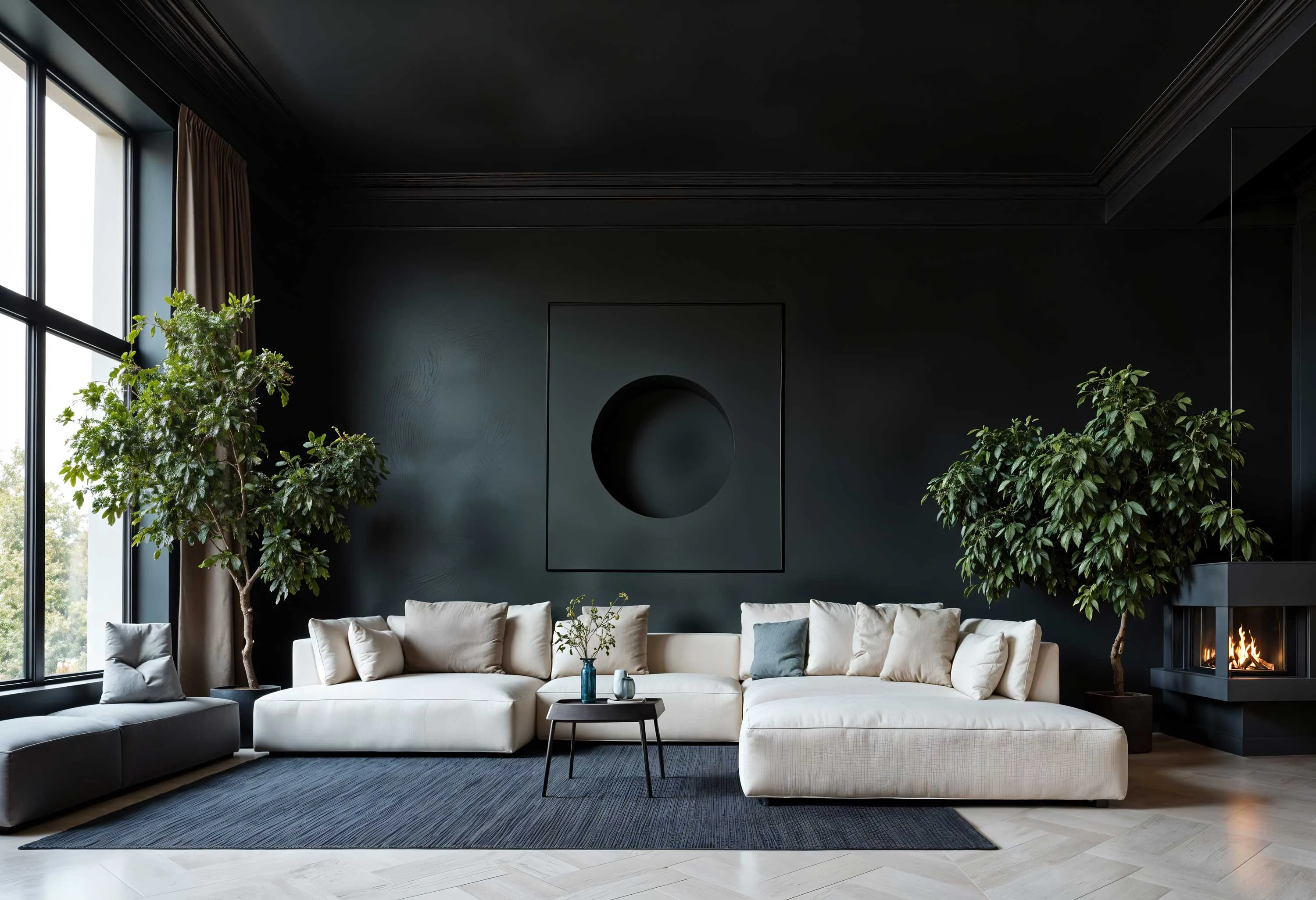 A modern living room featuring a large, light-colored sectional sofa, a minimalist black feature wall with a circular cutout, and greenery from indoor plants. Large windows allow natural light to illuminate the space.