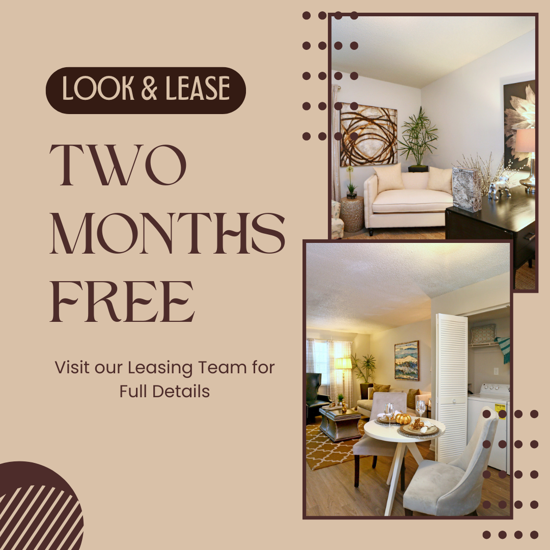 Promotional flyer offering two months free rent with images of apartment interiors.