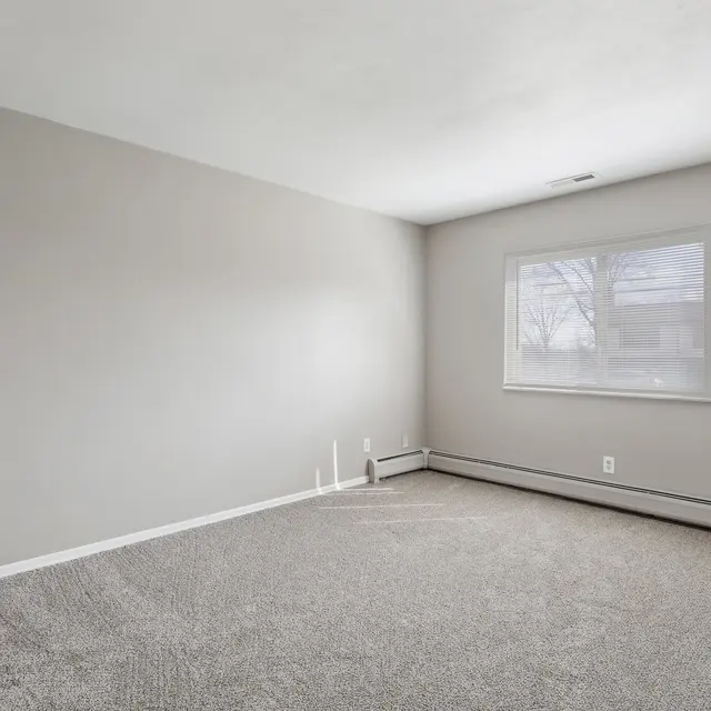 An empty room with gray walls and carpet, featuring a large window that allows natural light to enter.