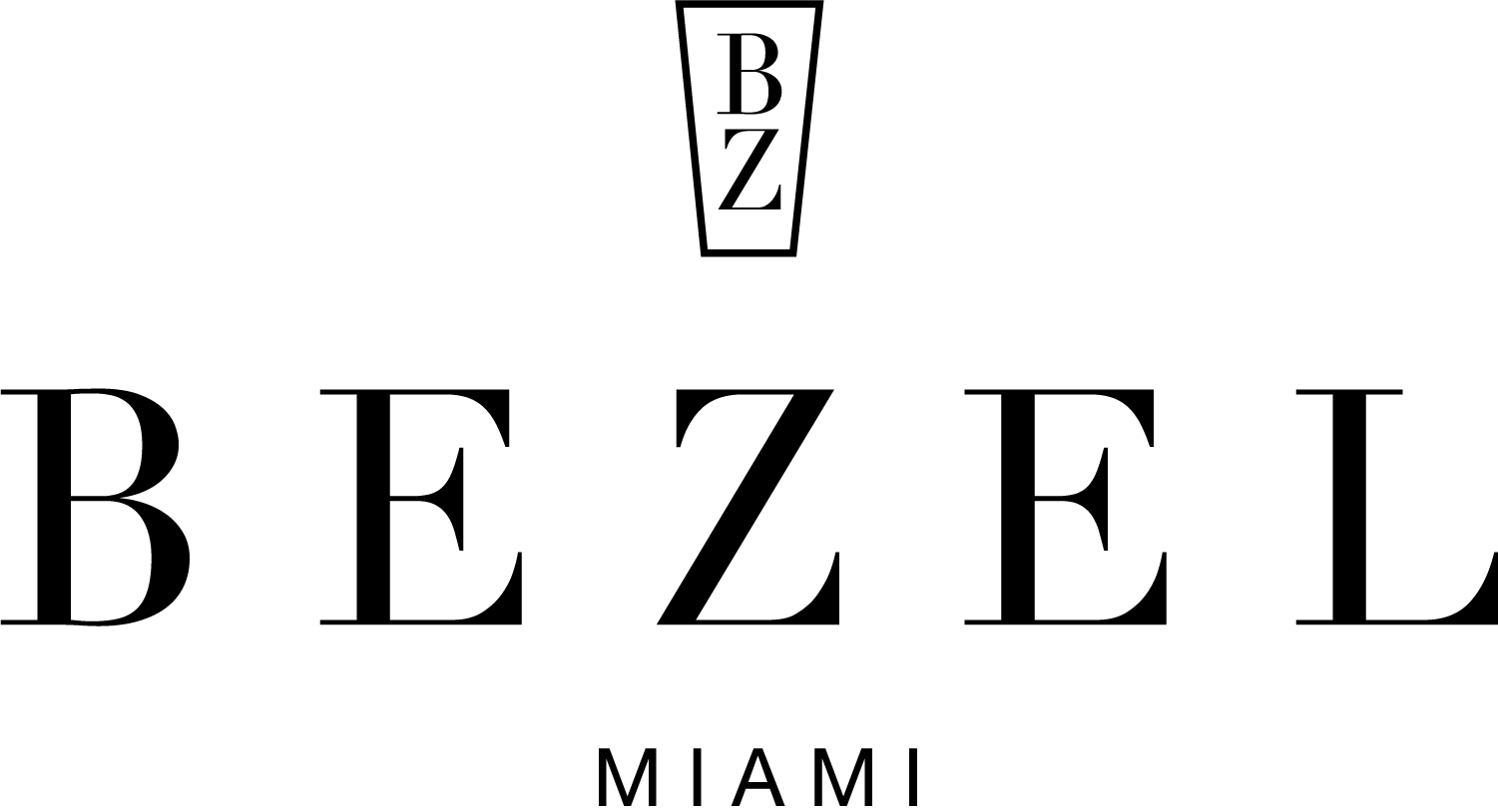 Logo design for Bezel Miami featuring the text 'BEZEL' prominently and 'MIAMI' below in a smaller font.