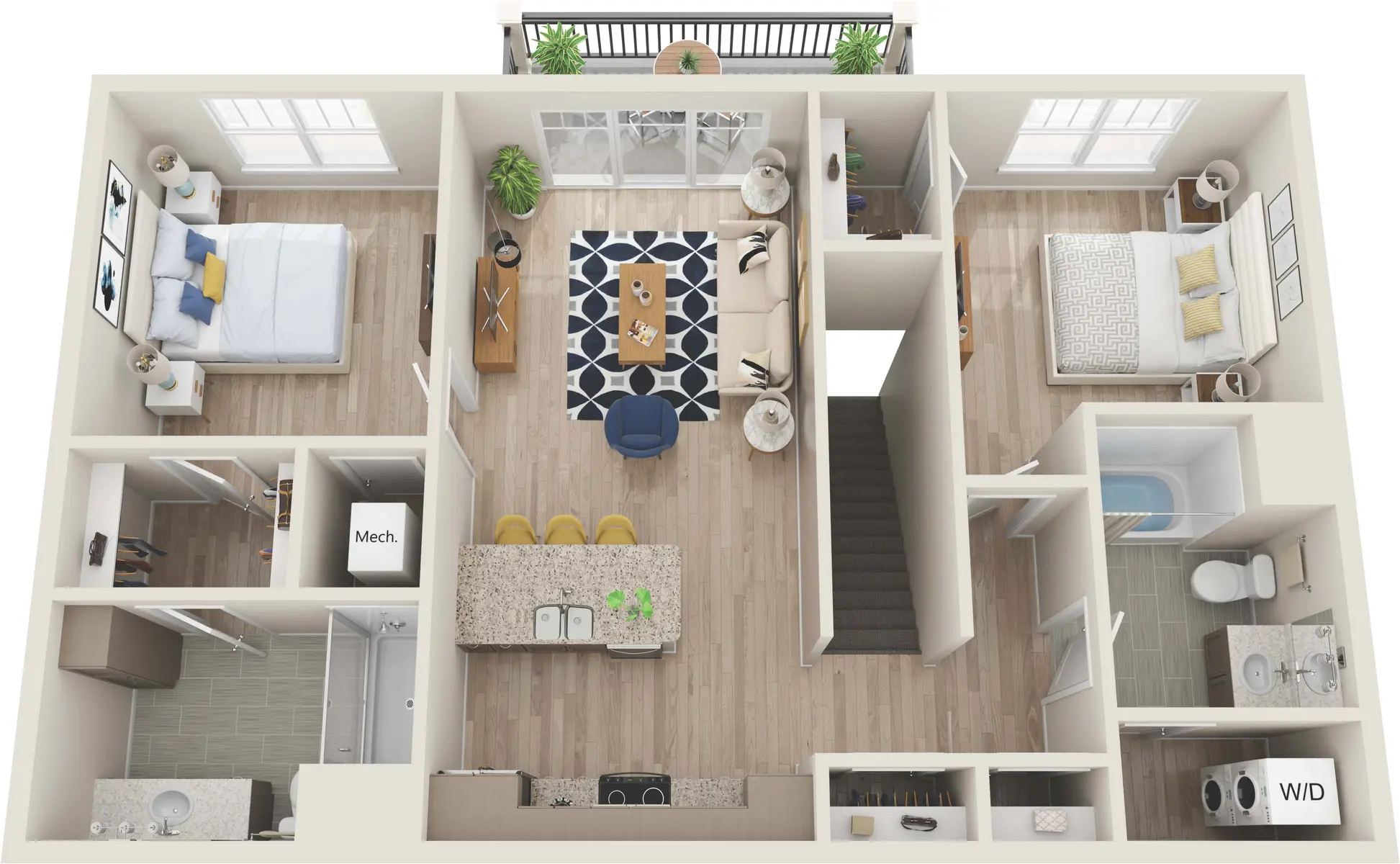 Modern Apartment Floor Plan An overhead view of a modern apartment floor plan with two bedrooms, a living area, kitchen, and bathroom.