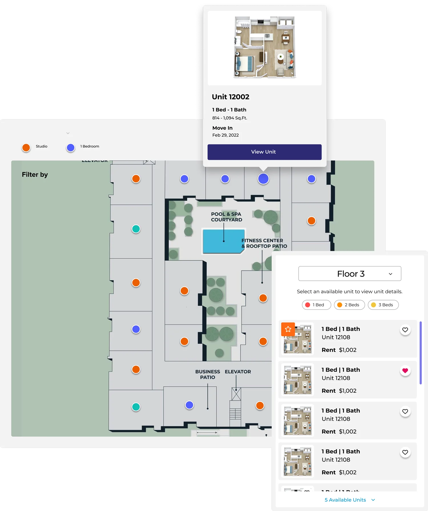 Apartment Floor Plan and Unit Details A digital floor plan displaying available apartment units with details such as unit numbers, bed and bath specs, rent information, and a layout showing amenities like a pool and fitness center.