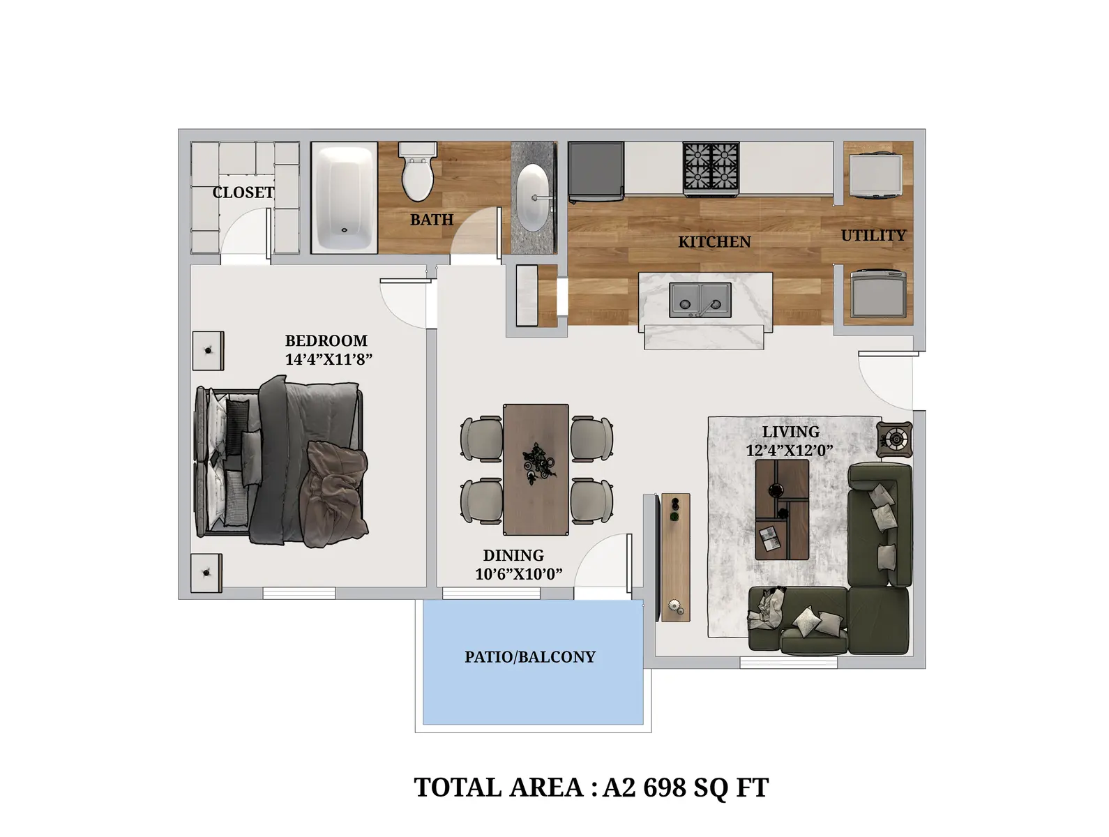 Two-Bedroom Apartment Floor Plan A2 Floor plan of a two-bedroom apartment layout featuring bedroom, bathroom, kitchen, utility area, dining space, living room, and patio/balcony.