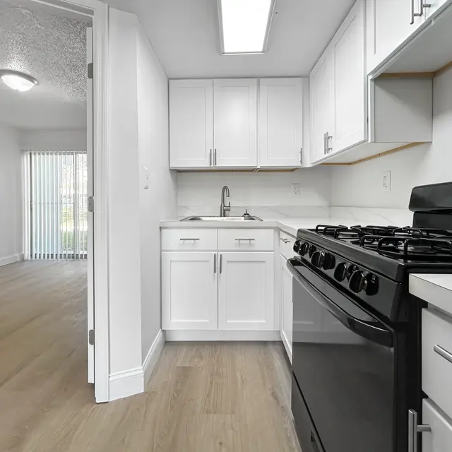 Contemporary Kitchen Design A modern kitchen with white cabinets and a black gas stove, looking toward a bright living space with sliding glass doors.