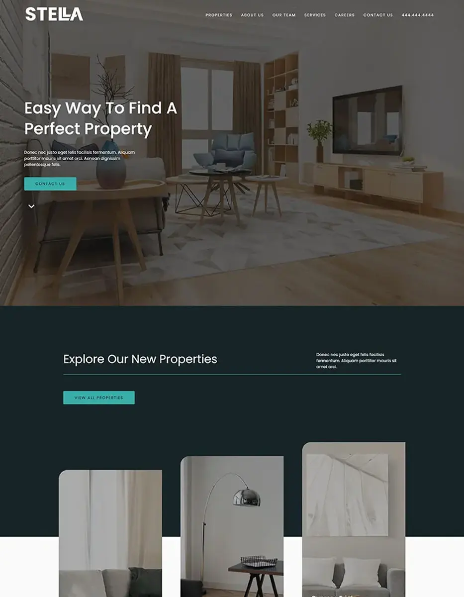 Stella Real Estate Homepage A modern real estate website homepage featuring a stylish living room, promotional text inviting users to find perfect properties, and a call-to-action button.