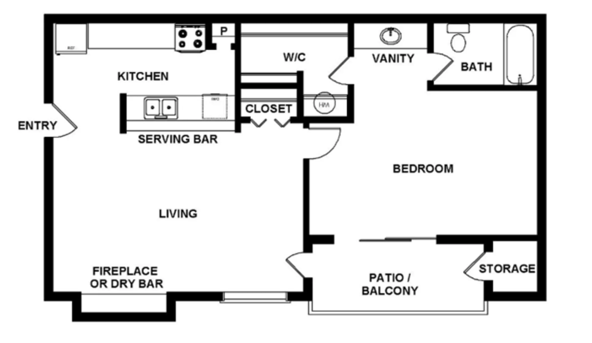 A black and white floor plan showing an apartment layout with various rooms including a kitchen, living area, bedroom, bath, and patio/balcony.