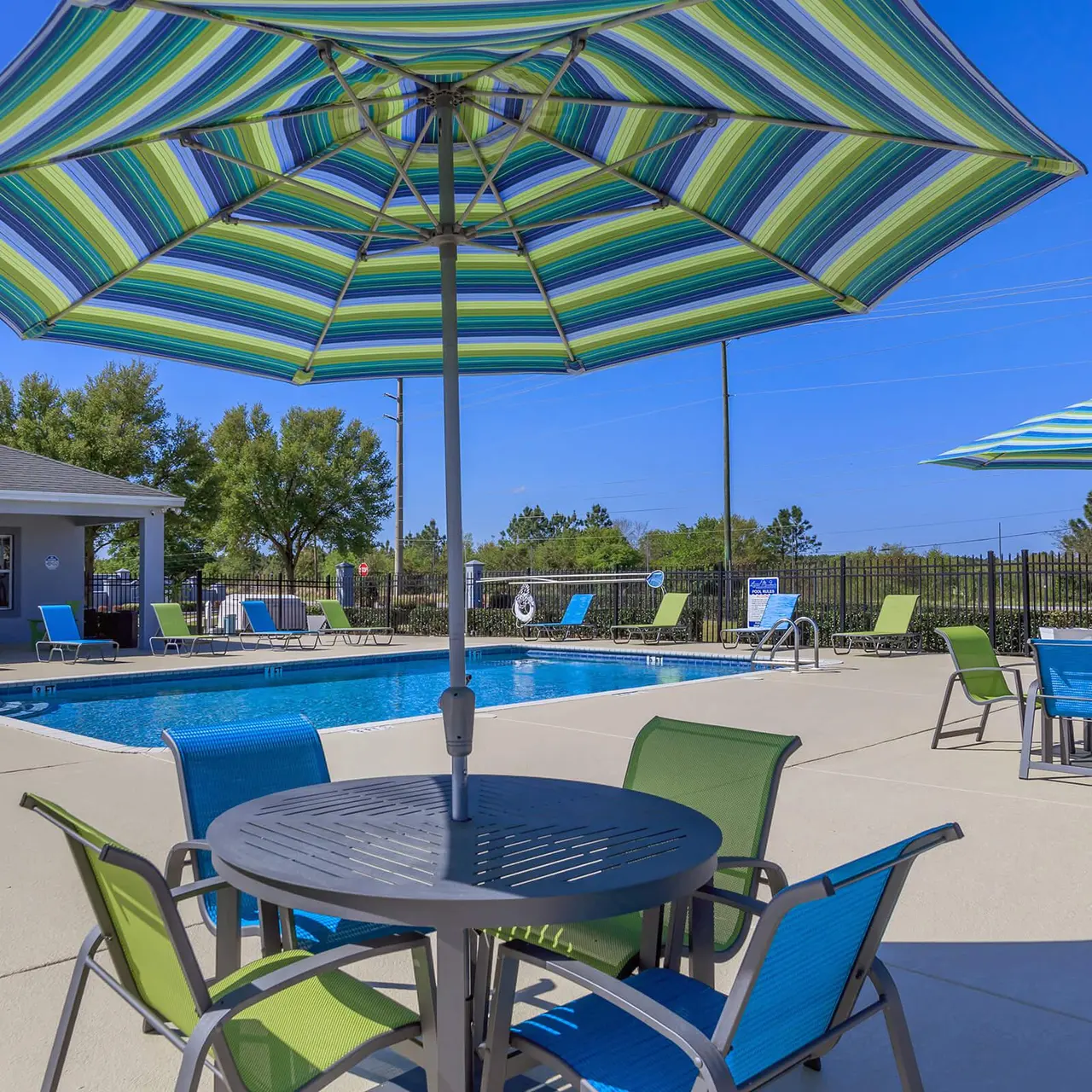 outdoor tables on the pool deck