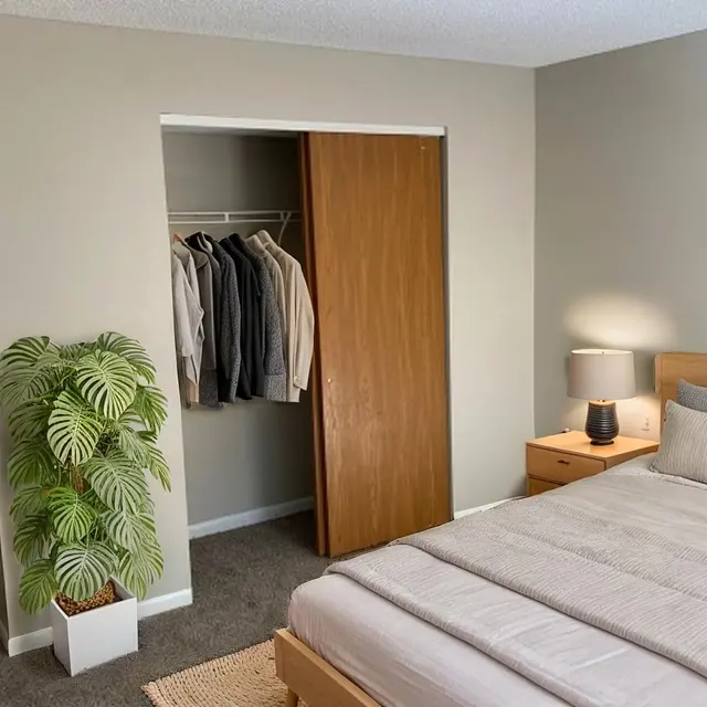 A cozy modern bedroom featuring a neatly made bed with gray linens, a bedside lamp, and a piece of abstract wall art. To the side, there is a closet with hanging coats, a small plant, and a bathroom area with a sink visible.