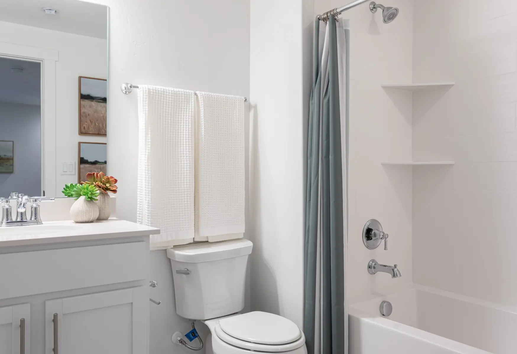 Modern Bathroom Design A modern bathroom featuring a white shower tub, a toilet, a gray shower curtain, and a countertop with decorative plants and towels.