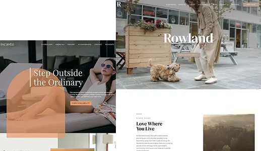 Web Design Layouts A digital collage featuring two web design layouts. The left side displays a fashion-oriented page with a woman relaxing in a stylish setting, and text that reads 'Step Outside the Ordinary'. The right side shows a cozy lifestyle page with a person walking a small dog in an outdoor setting, with the name 'Rowland' prominently displayed.