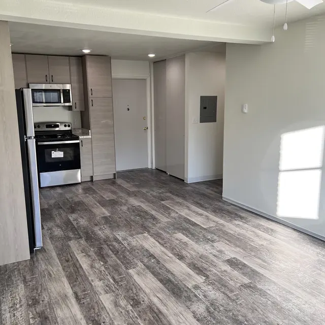 Kitchen in a modern apartment, featuring sleek countertops, stainless steel appliances, and ample cabinet space.