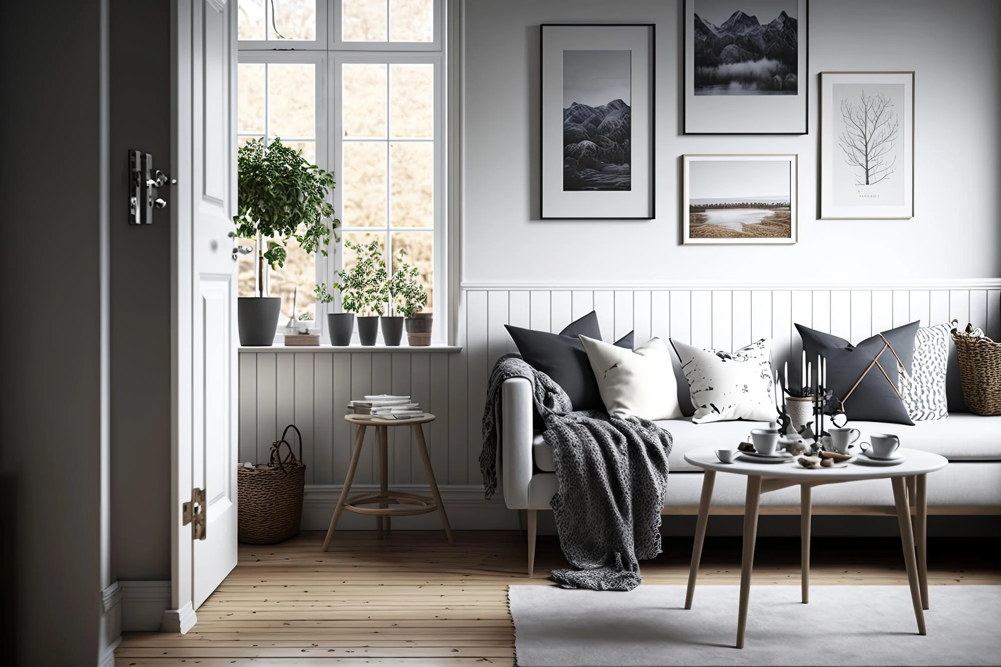 919 at Cross Link A cozy living room with a light sofa, decorative pillows, artwork on the walls, and a table set with cups by a window.