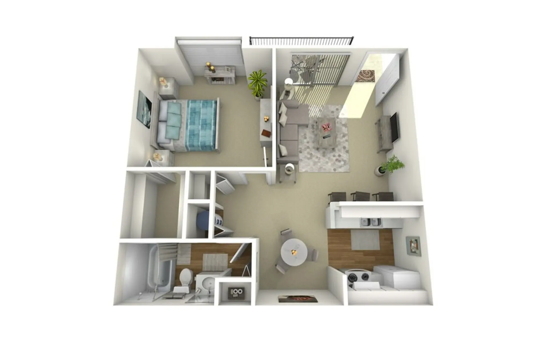 A 2D floor plan of a modern apartment featuring a bedroom, living area, kitchen, dining space, and bathroom.