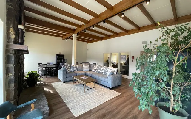 Spacious Modern Living Room A spacious, modern living room featuring wooden beams, a stone fireplace, and a plush sofa with decorative pillows, accompanied by a coffee table and indoor plants.
