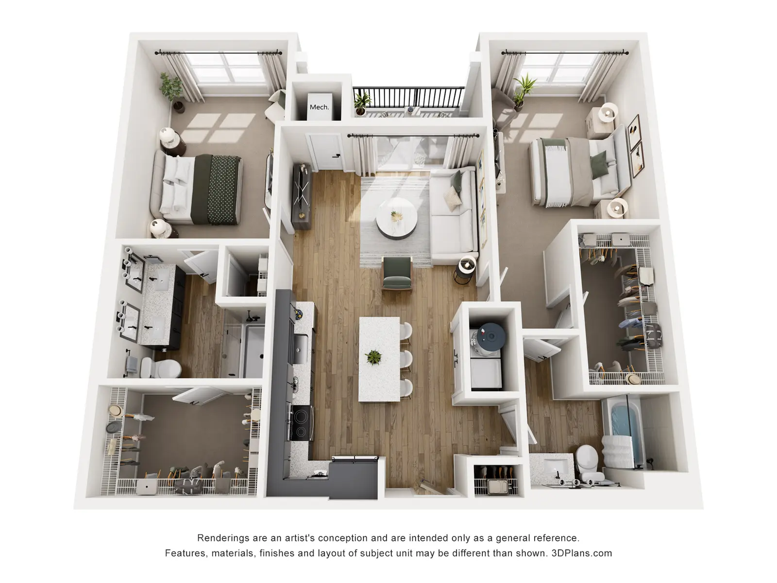 An aerial view of a modern apartment layout featuring two bedrooms, a living area, kitchen, and bathroom spaces.