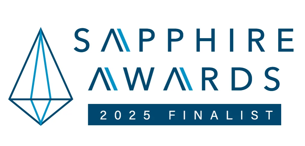 Logo for the Sapphire Awards 2025 Finalist, featuring a geometric diamond shape and stylized text.