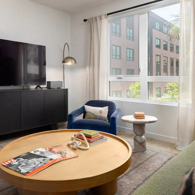 A modern living room featuring a large window with sheer curtains, a black television mounted on a wall, a round wooden coffee table with magazines on it, a blue armchair, and a green sofa with striped cushions. There are plants in the room and natural light is streaming in.