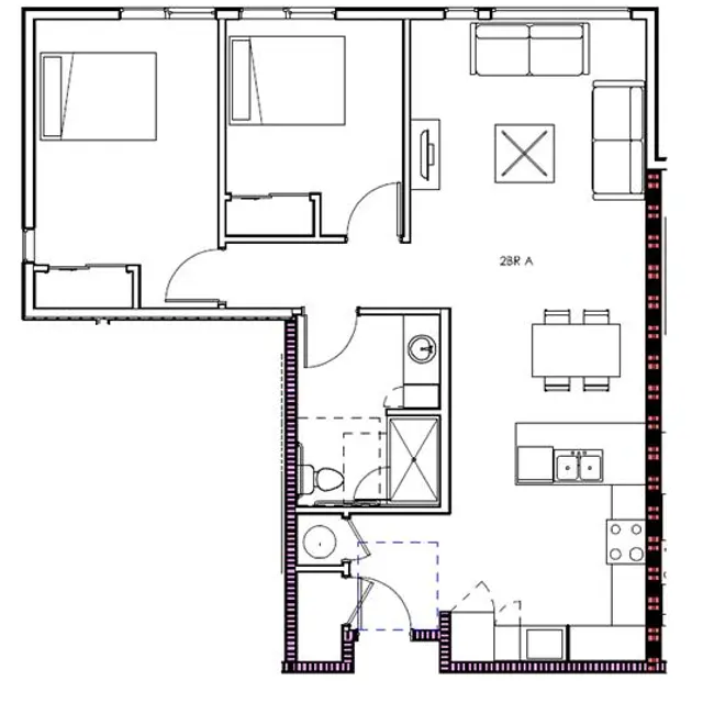 Floor plan of an apartment showing two bedrooms, a living area, a kitchen, and a bathroom.