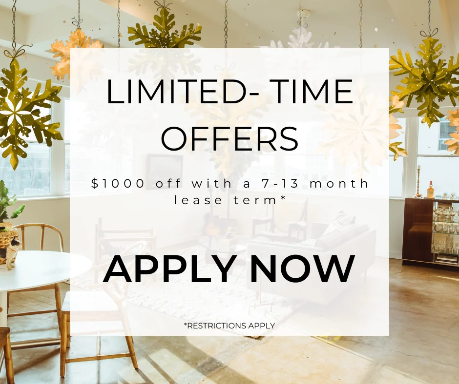 Promotional advertisement displaying a limited-time offer for leasing with a $1000 discount and an invitation to apply now, set in a bright, modern interior.