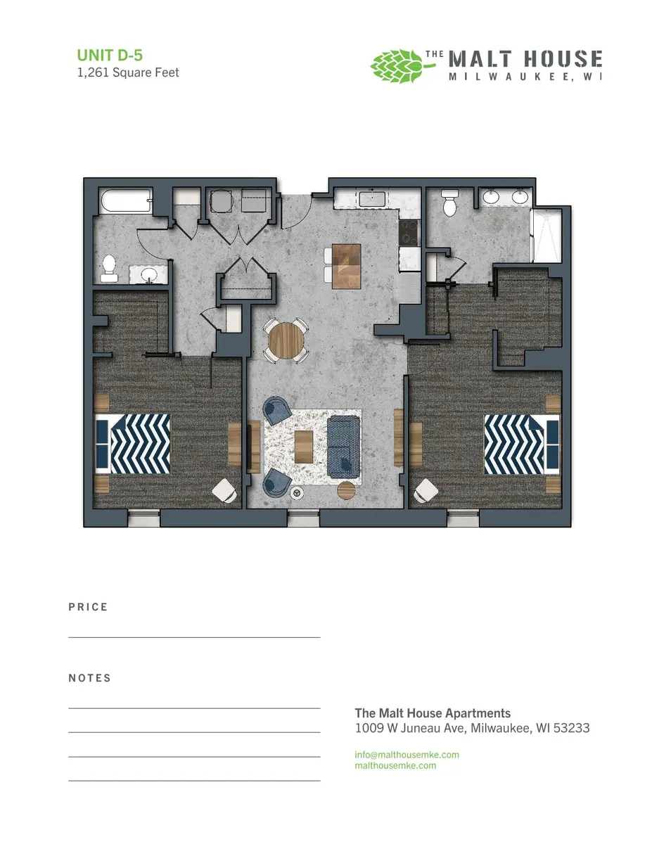 Floor plan for Unit D-5 at The Malt House Apartments in Milwaukee, WI, detailing 1,261 square feet layout.