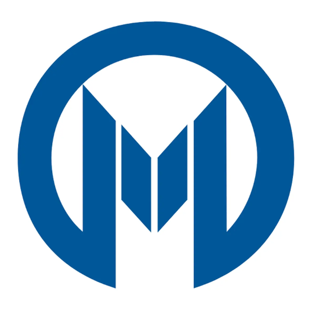Stylized blue logo featuring a circular design with an abstract 'M' shape