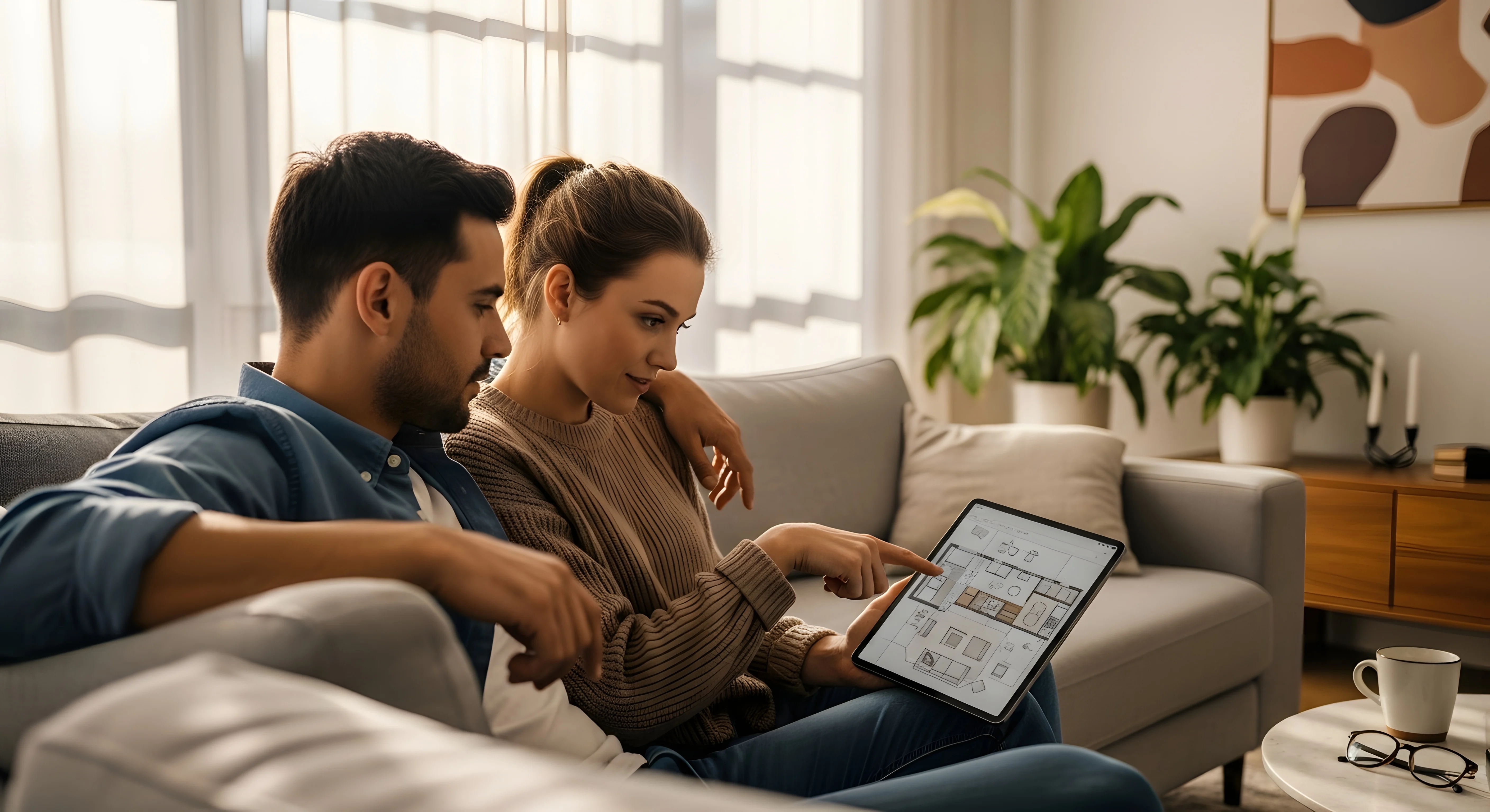A couple sitting on a sofa, looking at a tablet together. The woman is pointing at the screen, while the man is focused on it. The room has soft lighting and plants in the background.