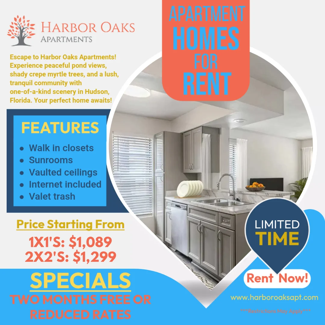 Promotional flyer for Harbor Oaks Apartments featuring details about homes for rent and amenities.