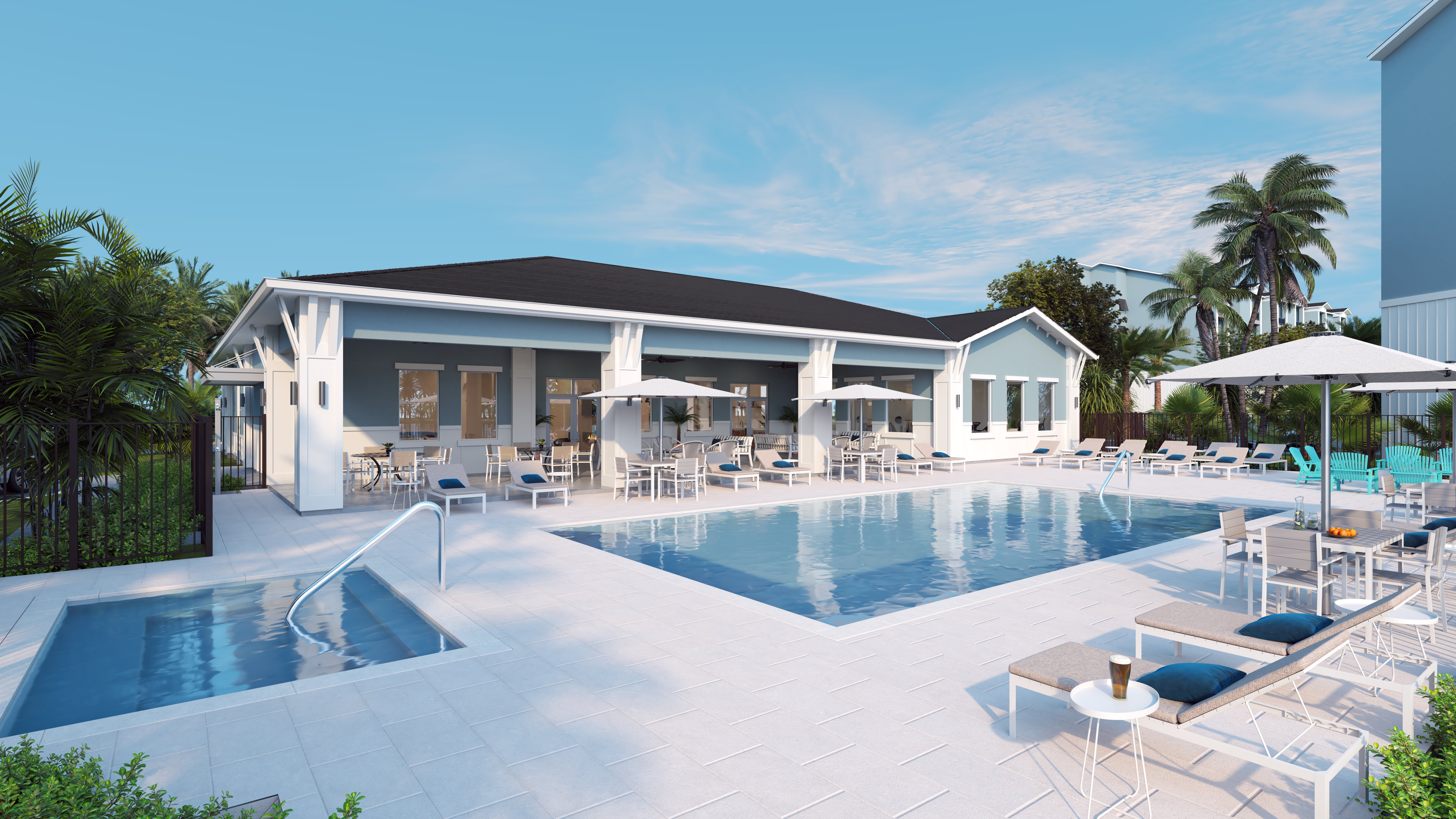 Modern Poolside Lounge A modern pool area featuring a large pool with lounge chairs, umbrellas, and a spa section, surrounded by palm trees and a contemporary building.