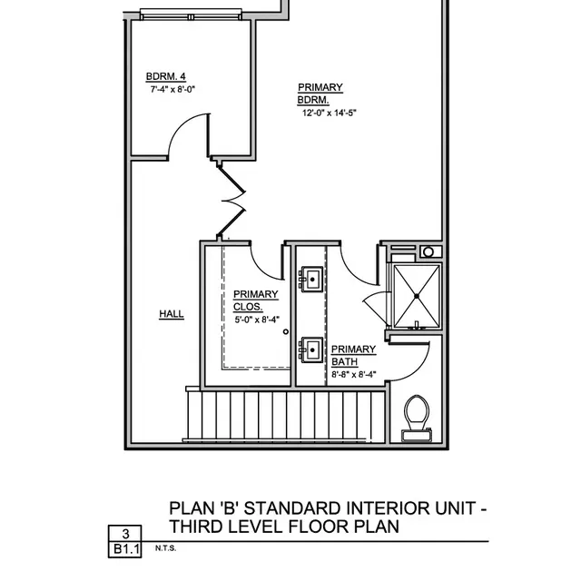 Architectural floor plan for a third-level interior unit featuring two bedrooms, a primary bathroom, and a hallway.