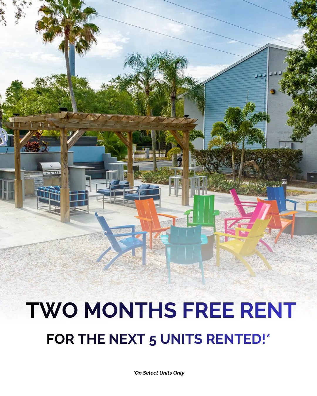 Promotional Offer for Renters Outdoor seating area with colorful chairs and a pergola, displaying a promotional sign for rent.