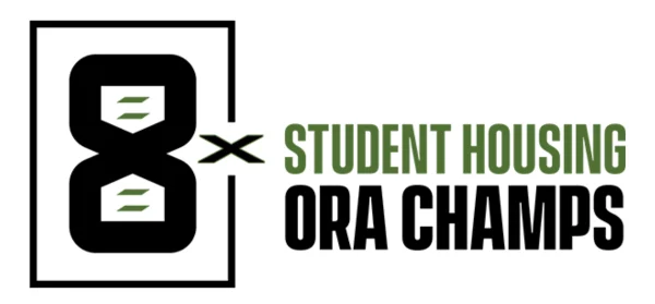 Logo featuring the number 8 surrounded by a box, with the text 'STUDENT HOUSING ORA CHAMPS' in a modern font.