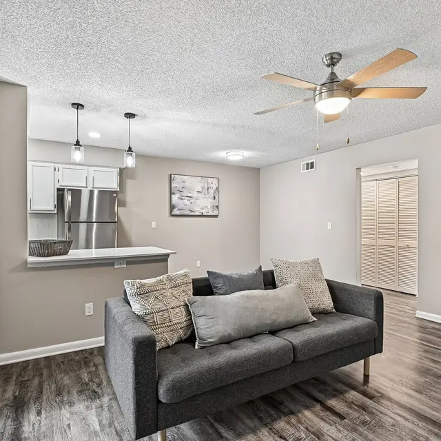 Modern Apartment Living Room A modern apartment living room featuring a gray sofa with cushions, a ceiling fan, pendant lighting, and laminate flooring. There is a kitchen area visible in the background, and a framed picture on the wall.