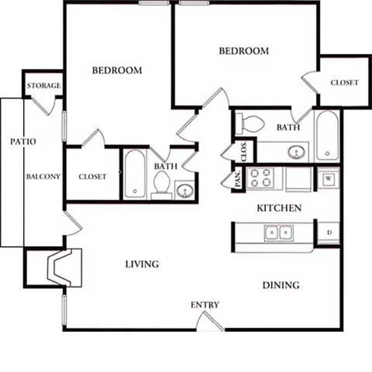 A detailed floor plan for an apartment showing two bedrooms, two bathrooms, a living area, dining space, kitchen, and storage areas. It includes labeled locations for the patio and balcony as well.